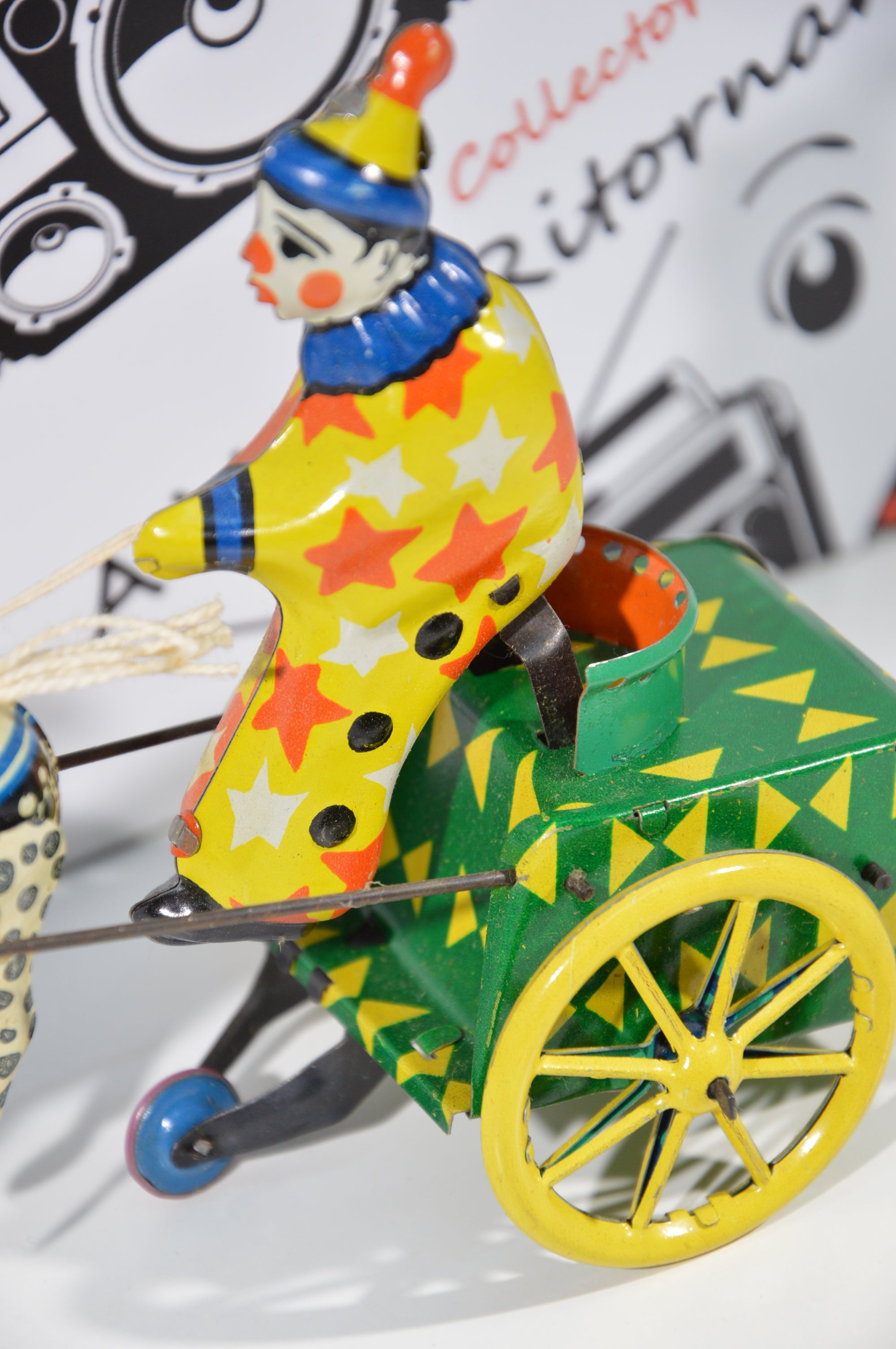 Gioco in latta vintage carica a molla pagliaccio carretto collezione