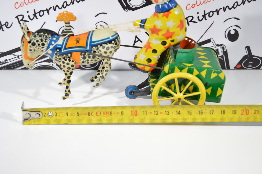 Gioco in latta vintage carica a molla pagliaccio carretto collezione